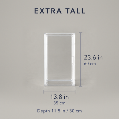 Extra tall clear storage box dimensions, 13.8 in wide and 23.6 in tall, 11.8 in deep
