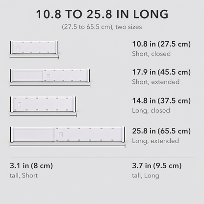 Drawer divider dimensions: Short 10.8 in (27.5 cm) closed to 17.9 in (45.5 cm) extended, 3.1 in (8 cm) tall; Long 14.8 in (37.5 cm) closed to 25.8 in (65.5 cm) extended, 3.7 in (9.5 cm) tall