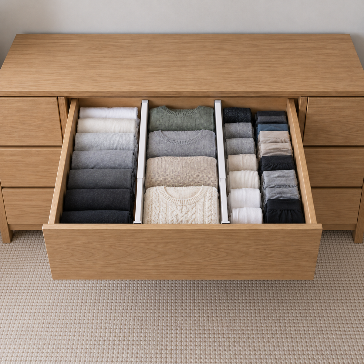 Two long drawer dividers running front to back in an oak dresser drawer, making three lanes of folded T-shirts, sweaters and socks