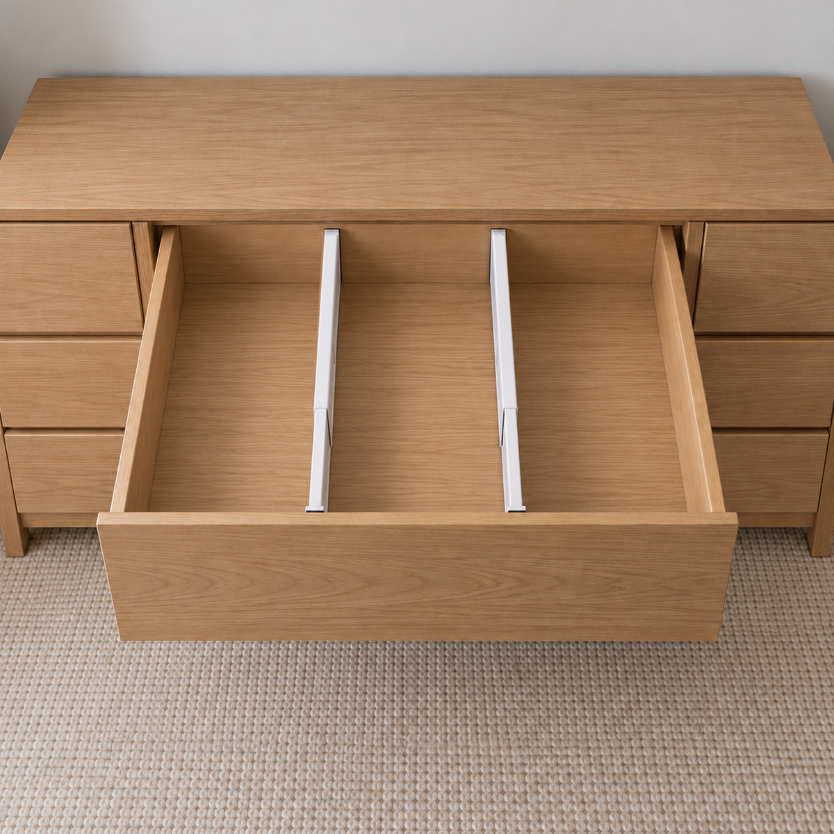 Two long drawer dividers splitting an empty oak dresser drawer into three lanes, front to back