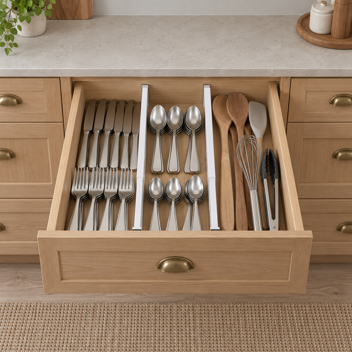 Two long drawer dividers in a kitchen drawer keeping knives and forks, spoons, and wooden spoons with a whisk and tongs in separate lanes