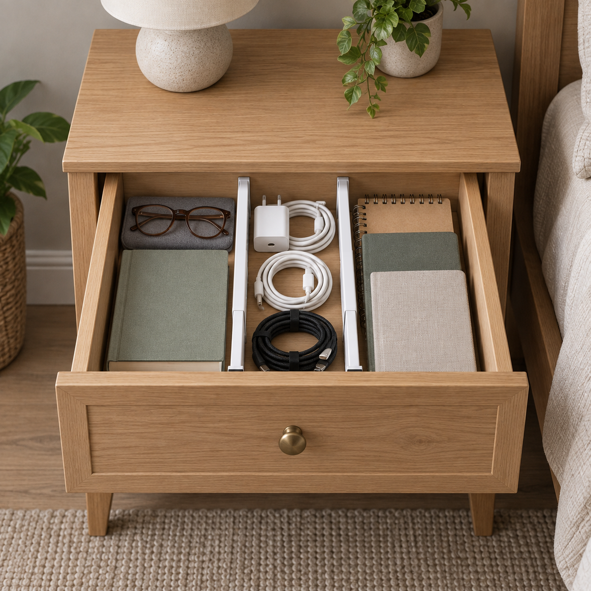 Two short drawer dividers in a nightstand drawer separating glasses and a book, chargers and cables, and notebooks