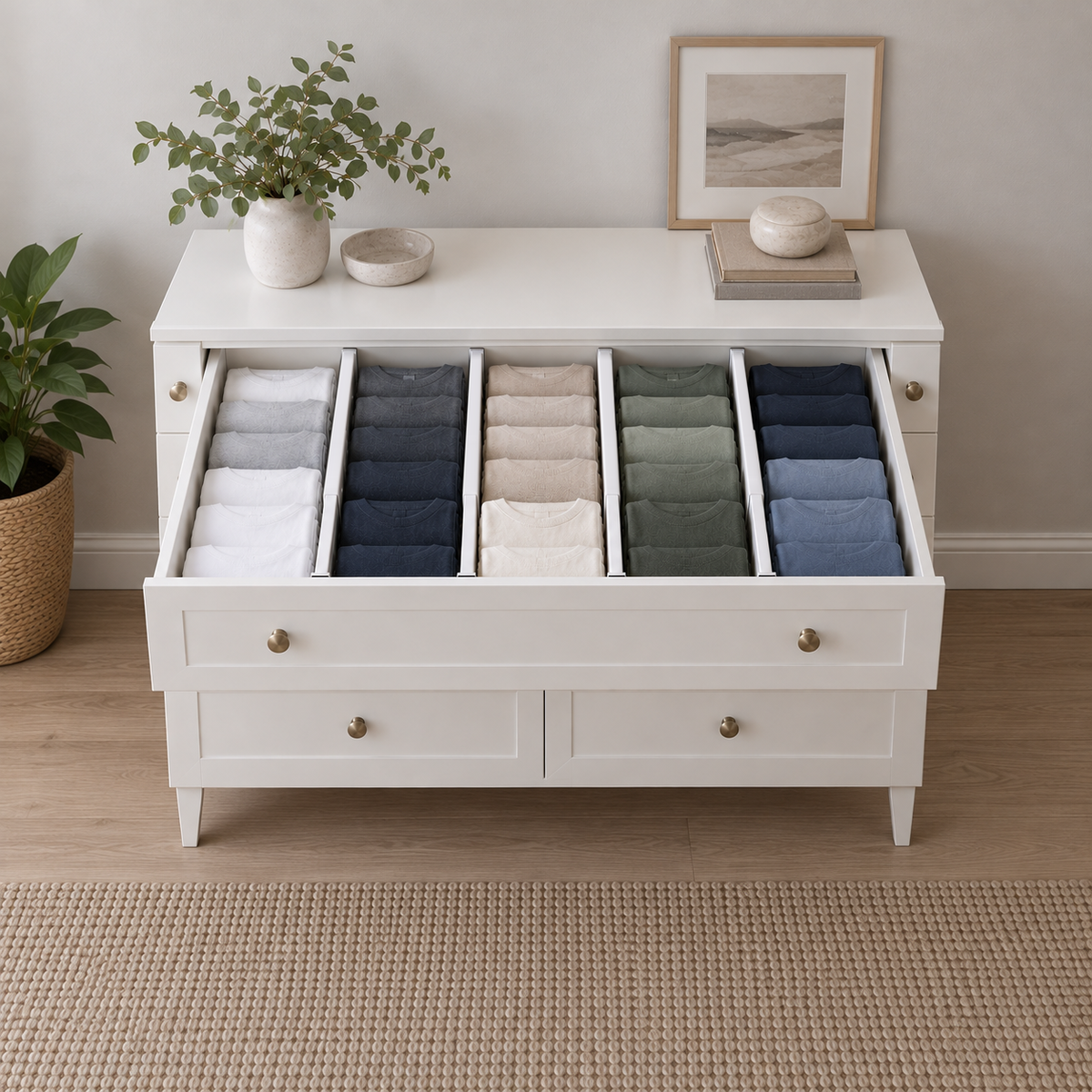 Four long drawer dividers making five lanes of folded T-shirts in a wide white dresser drawer