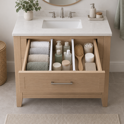 Two short drawer dividers in a bathroom vanity drawer holding rolled hand towels, bottles and a hairbrush in separate lanes