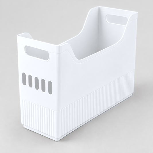 White storage bin, medium width, alone on a light grey background, a handle cut into its end above five slots