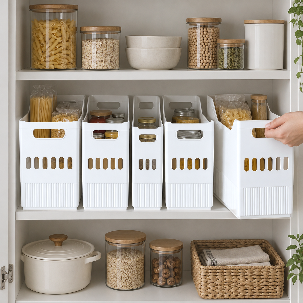 Five white storage bins standing ends-out on a pantry shelf with pasta and jars, a hand drawing the right one forward by its end handle