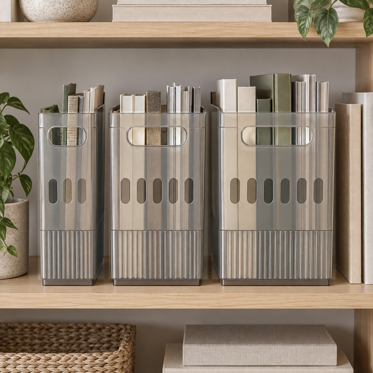 Three gray translucent storage bins of different widths holding books on a light oak bookshelf