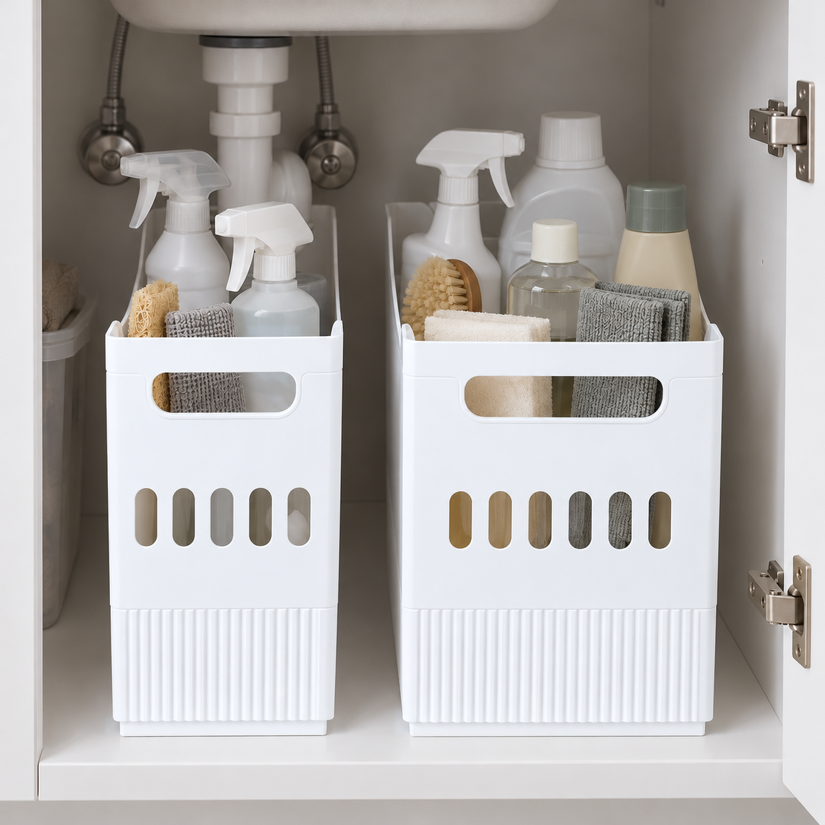 Two white storage bins holding cleaning bottles, sponges and cloths inside an under-sink cabinet