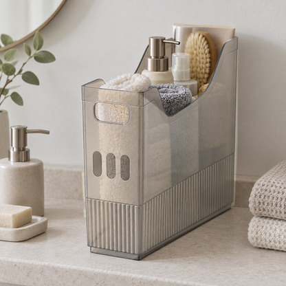 Small gray translucent storage bin holding rolled towels and toiletries on a stone bathroom counter