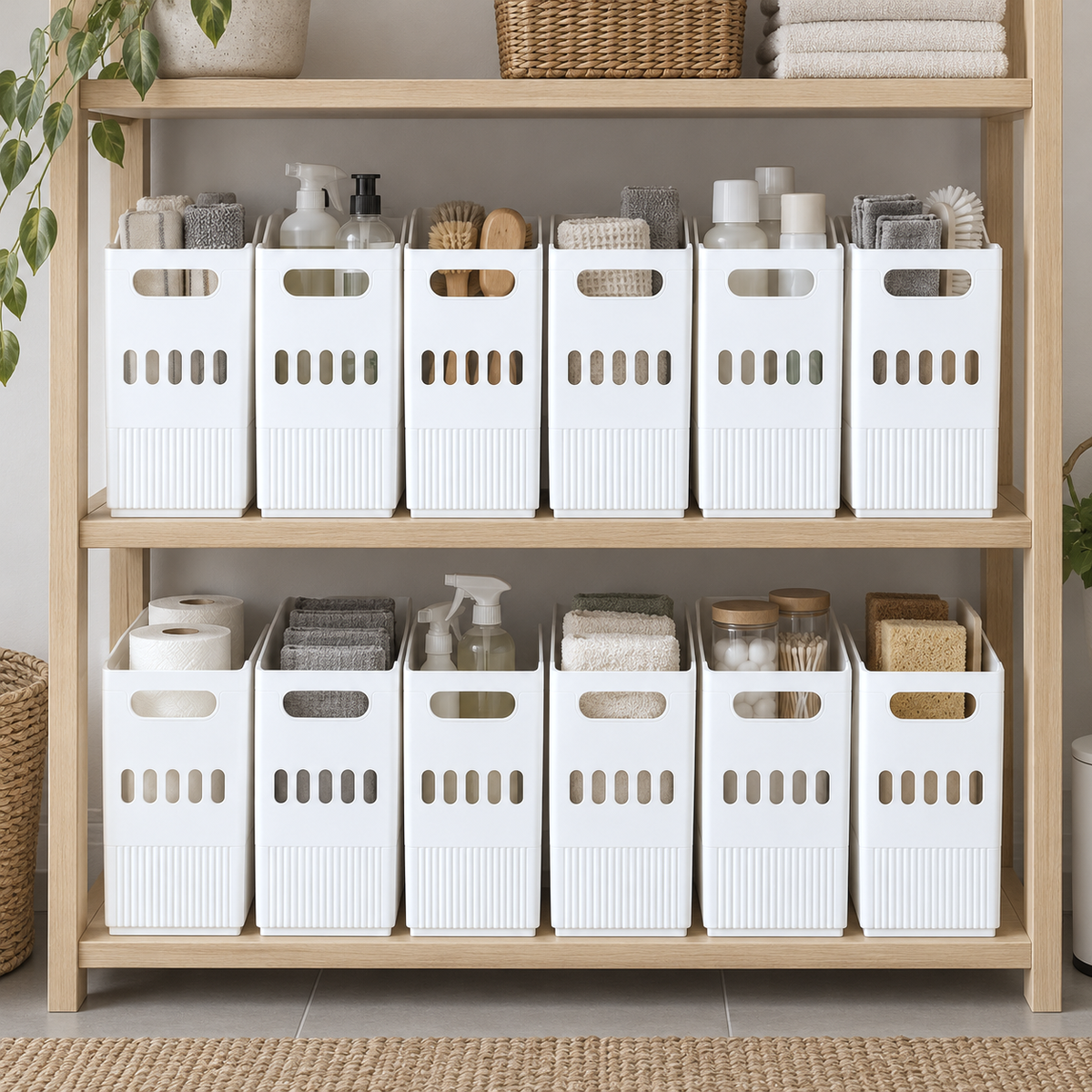 Twelve white storage bins standing ends-out in two rows of six on light wood shelving