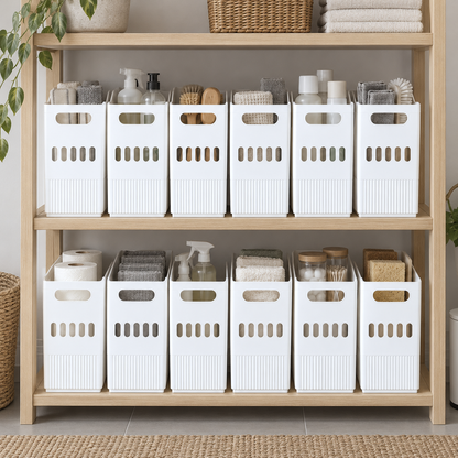 Twelve white storage bins standing ends-out in two rows of six on light wood shelving