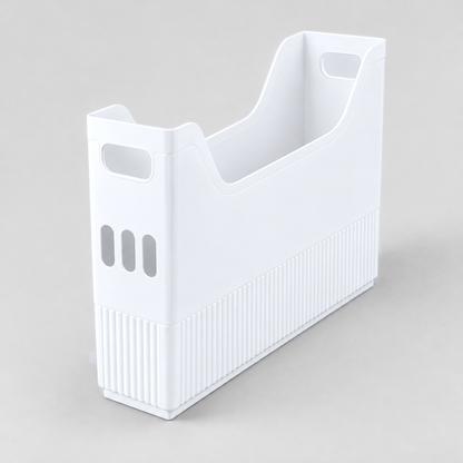 Small white storage bin with three slots in its end, alone on a light grey background