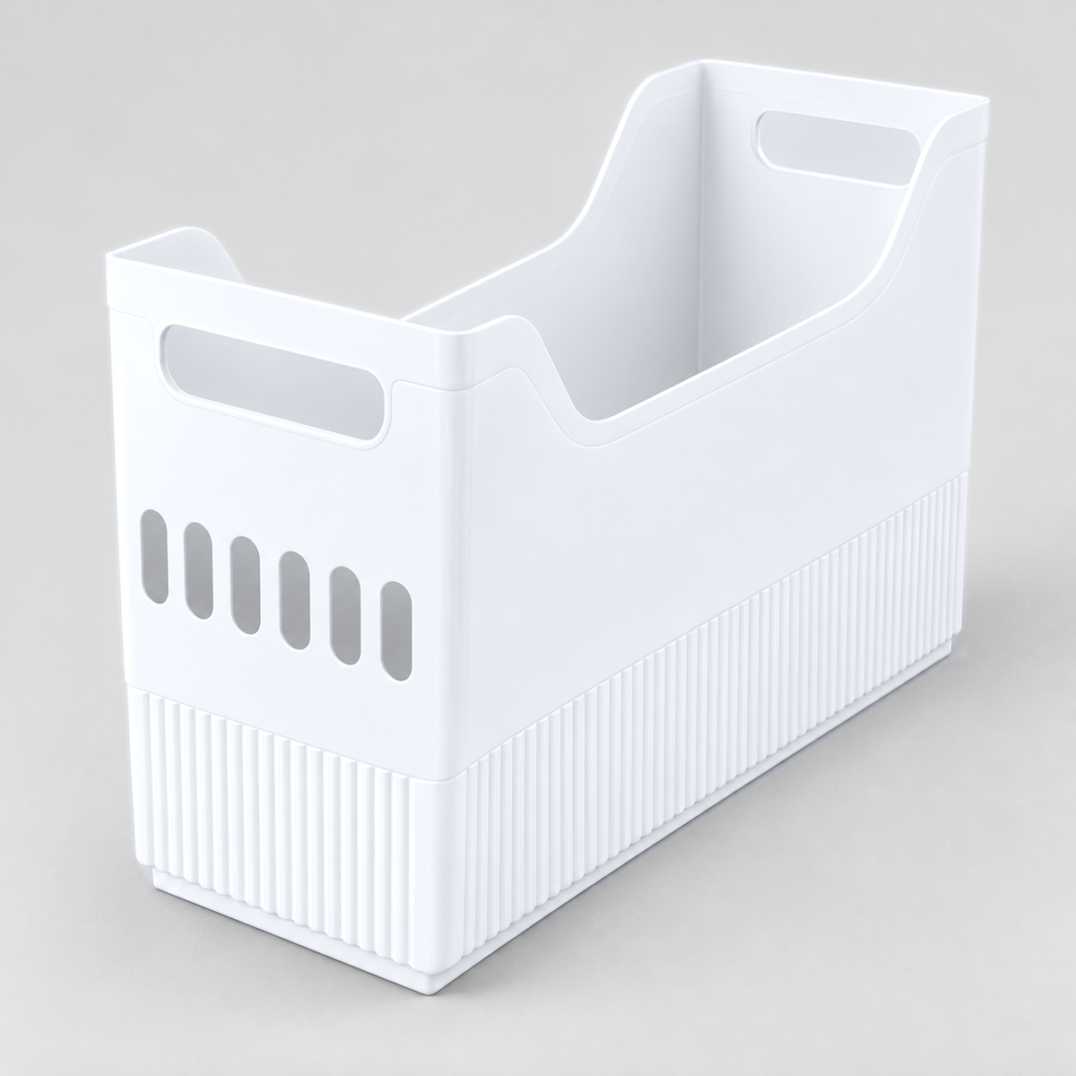 Large white storage bin with six slots in its end, alone on a light grey background