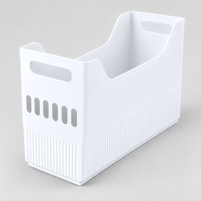 Large white storage bin with six slots in its end, alone on a light grey background
