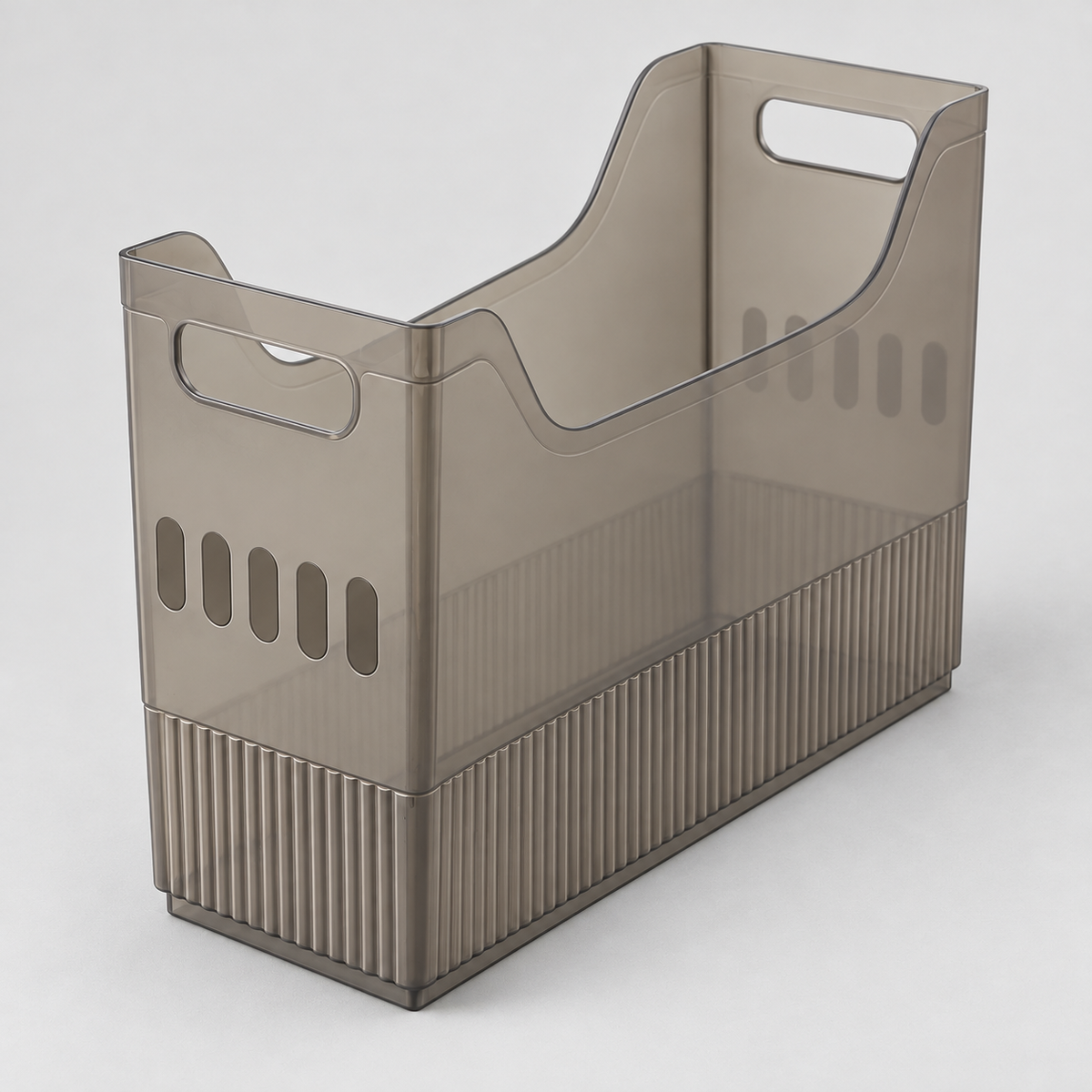 Medium gray translucent storage bin with five slots in its end, alone on a light grey background