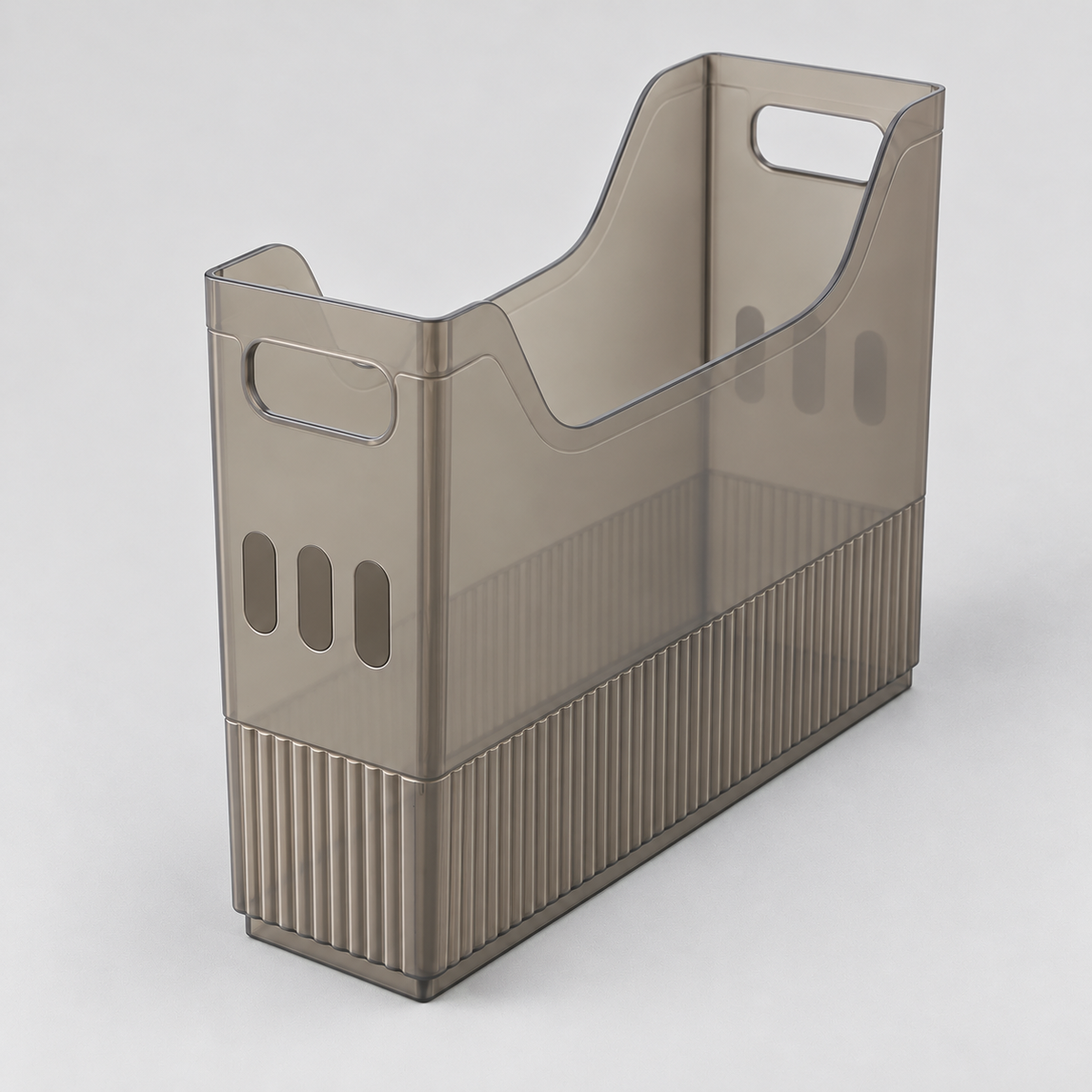 Small gray translucent storage bin with three slots in its end, alone on a light grey background