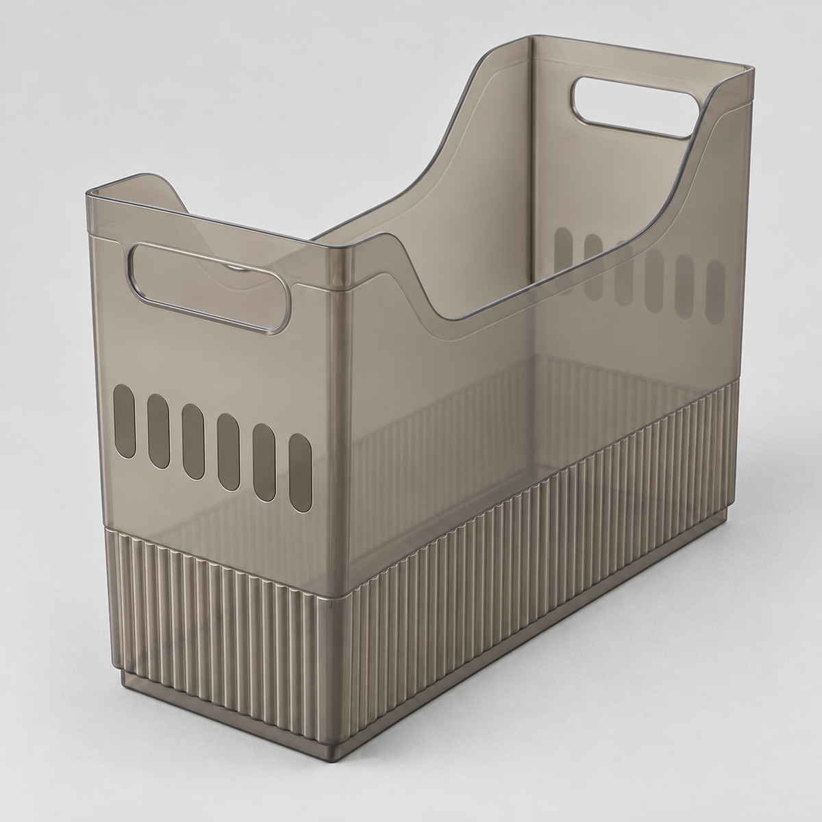 Large gray translucent storage bin with six slots in its end, alone on a light grey background