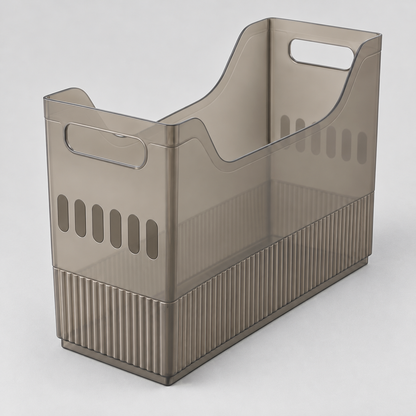 Large gray translucent storage bin with six slots in its end, alone on a light grey background