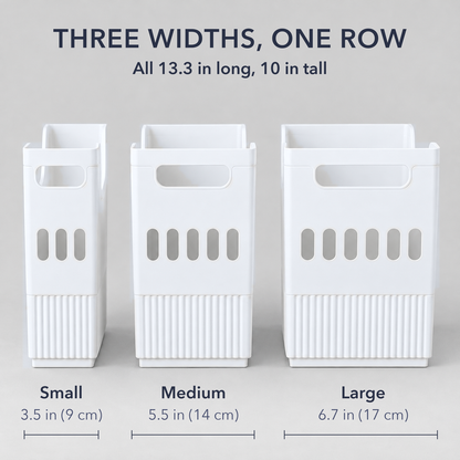 Small, medium and large white storage bins side by side with their widths labelled and a dimension line under each, with the words Three widths, one row