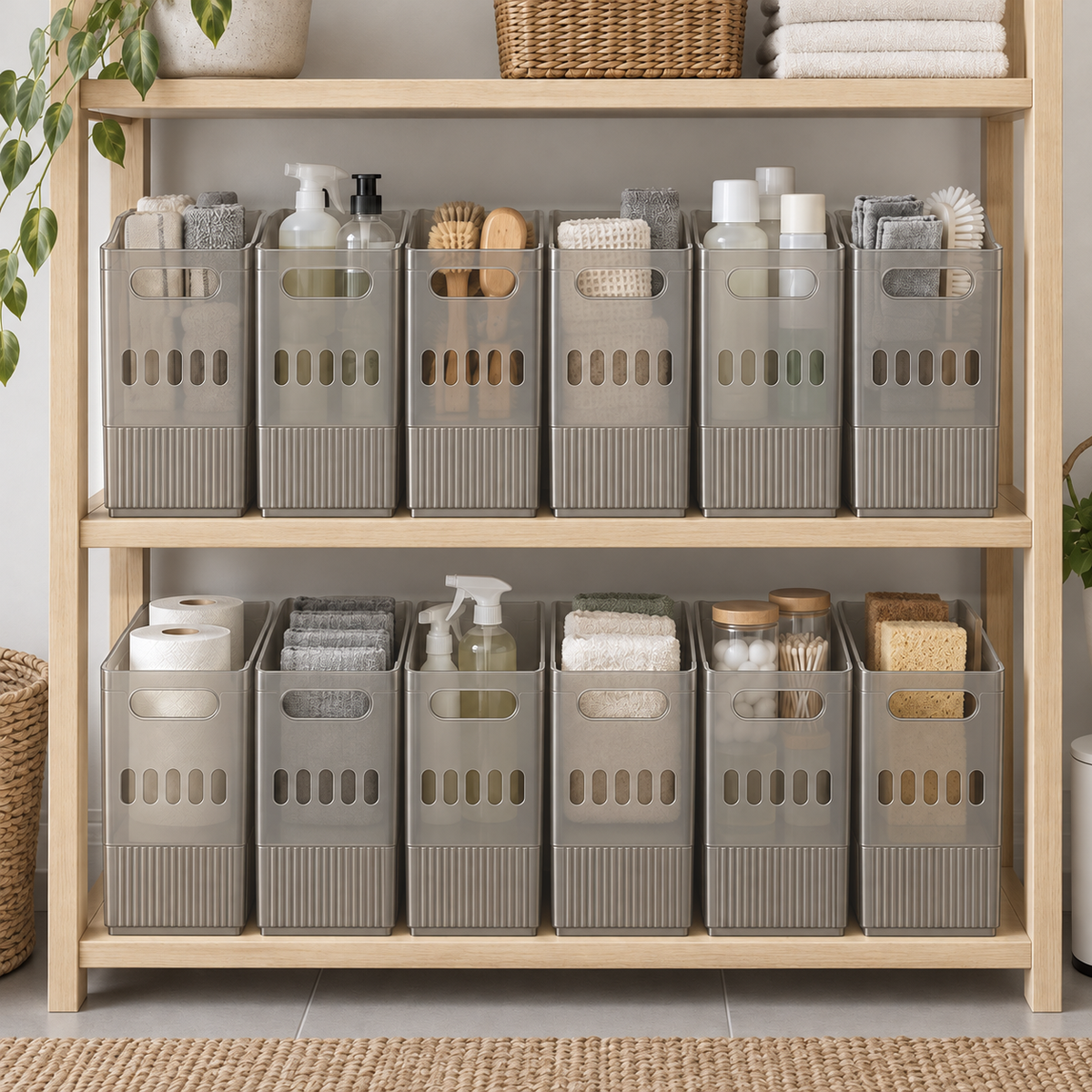 Twelve gray translucent storage bins in two rows of six on wooden shelving