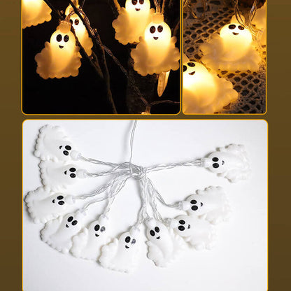 Ghost string lights shown lit in a tree and on a table, and switched off with ten white ghosts on a clear wire