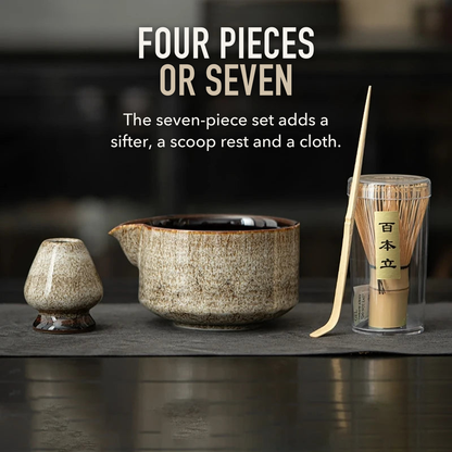 Beige four-piece matcha kit with the words four pieces or seven: the seven-piece set adds a sifter, a scoop rest and a cloth