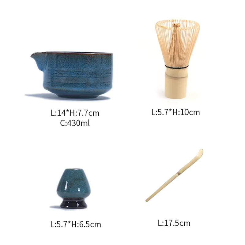 Blue four-piece matcha kit on white with sizes: bowl 14 by 7.7 cm holding 430 ml, whisk, whisk holder and bamboo scoop