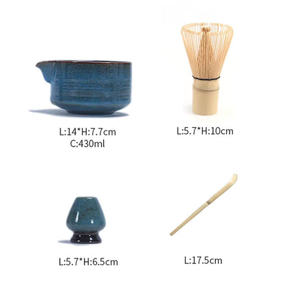 Blue four-piece matcha kit on white with sizes: bowl 14 by 7.7 cm holding 430 ml, whisk, whisk holder and bamboo scoop