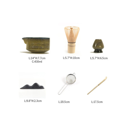 Seven-piece matcha kit pieces on white with sizes: bowl, whisk, whisk holder, scoop rest, steel sifter and bamboo scoop