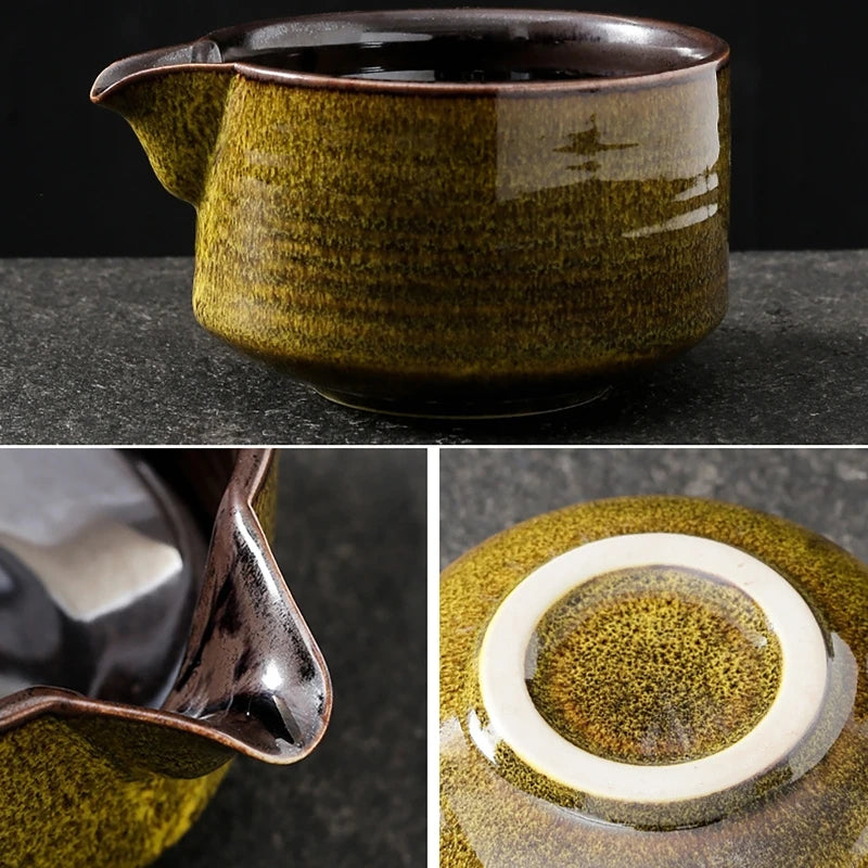 Yellow matcha bowl close up: the side, the pinched pouring spout and the unglazed foot ring underneath