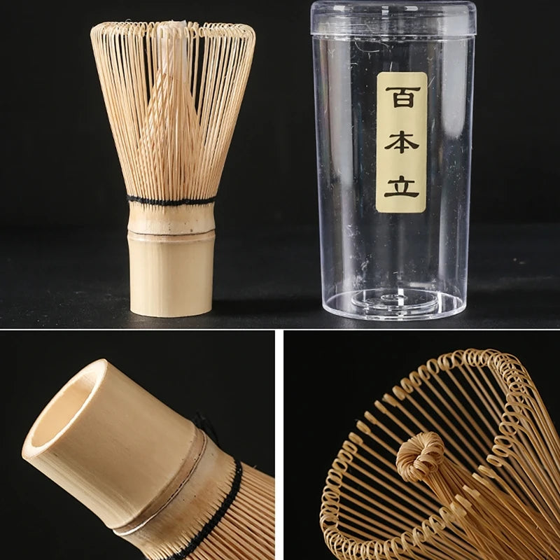 Bamboo matcha whisk close up: the tines, the handle, the looped tine ends and its clear storage tube