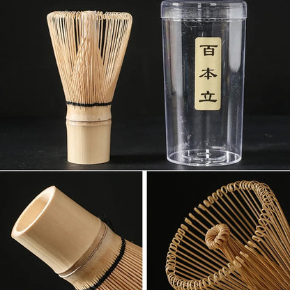 Bamboo matcha whisk close up: the tines, the handle, the looped tine ends and its clear storage tube