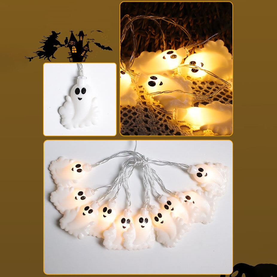 Ghost string lights: one white ghost up close, the string glowing on a table, and ten ghosts lit on a white surface
