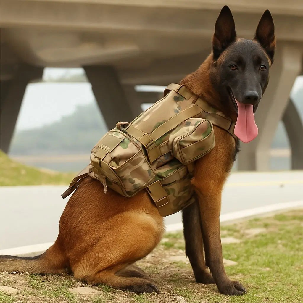 Camouflage dog harness vest with side pouches, worn by a dog sitting outdoors, seen from the side