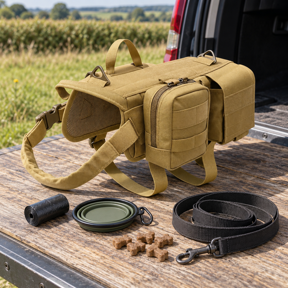 Tan dog harness vest on a wooden tailgate beside a roll of bags, a folding bowl, treats and a coiled leash