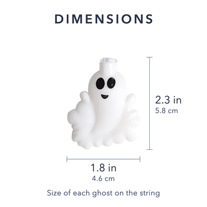 Dimensions of each ghost on the string: 2.3 in (5.8 cm) tall and 1.8 in (4.6 cm) wide