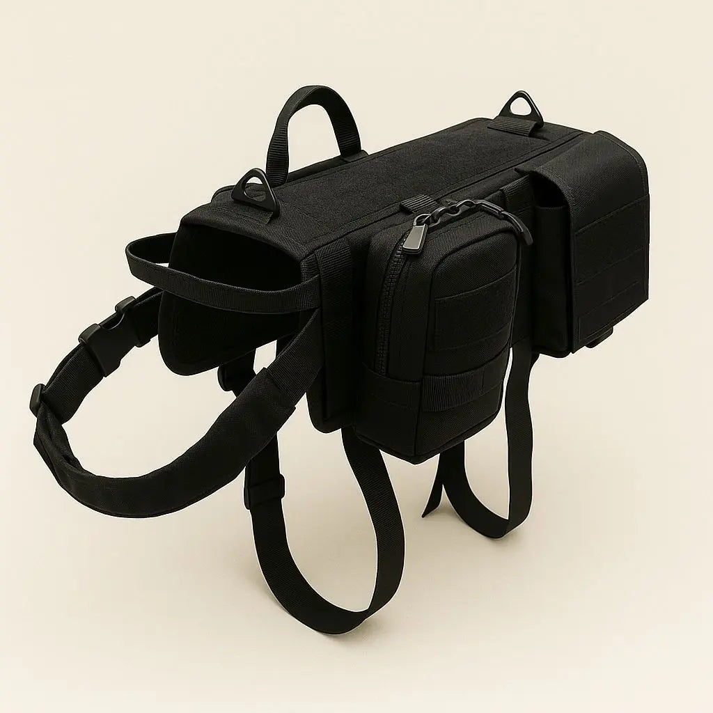 Black dog harness vest with a saddle pouch on each side, a zipped box pouch on one, a grab handle and two leash rings, on a plain background