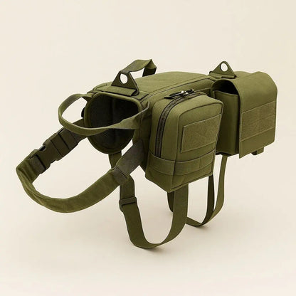 Army green dog harness vest with a saddle pouch on each side, a zipped box pouch on one, and a padded mesh-lined chest, on a plain background