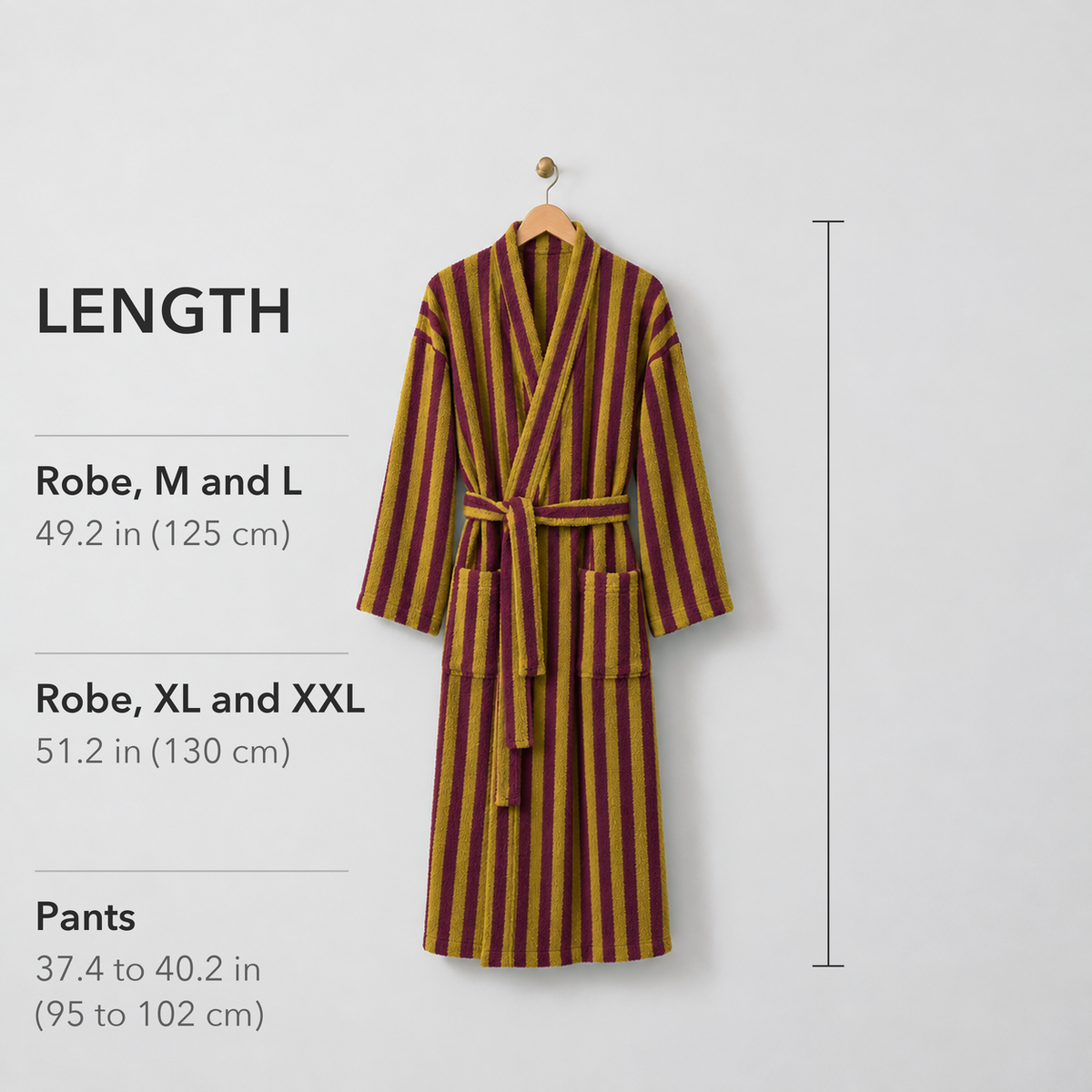 Mustard and burgundy striped fleece bathrobe on a hanger with its length marked: 49.2 in for M and L, 51.2 in for XL and XXL, pants 37.4 to 40.2 in