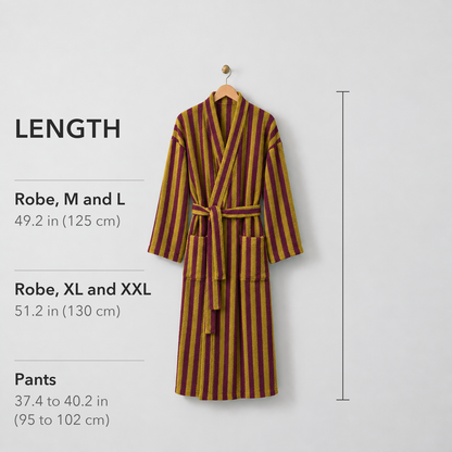 Mustard and burgundy striped fleece bathrobe on a hanger with its length marked: 49.2 in for M and L, 51.2 in for XL and XXL, pants 37.4 to 40.2 in