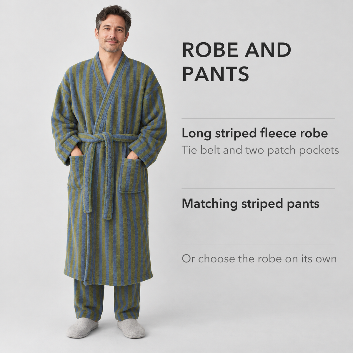 Man in an olive and blue striped fleece bathrobe and matching striped pants, with the set's contents listed beside him