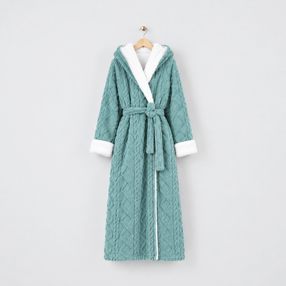 Long teal hooded plush bathrobe with white cuffs and a tied belt, on a wooden hanger against a light gray wall