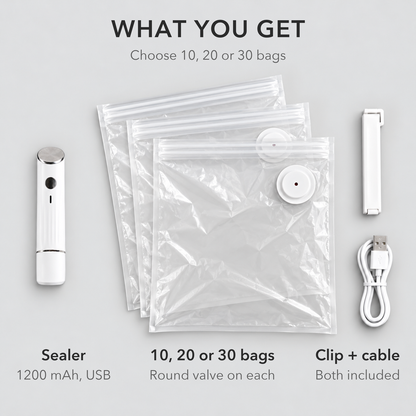What you get: the rechargeable sealer, 10, 20 or 30 zip bags with round valves, a bag clip and a USB charging cable