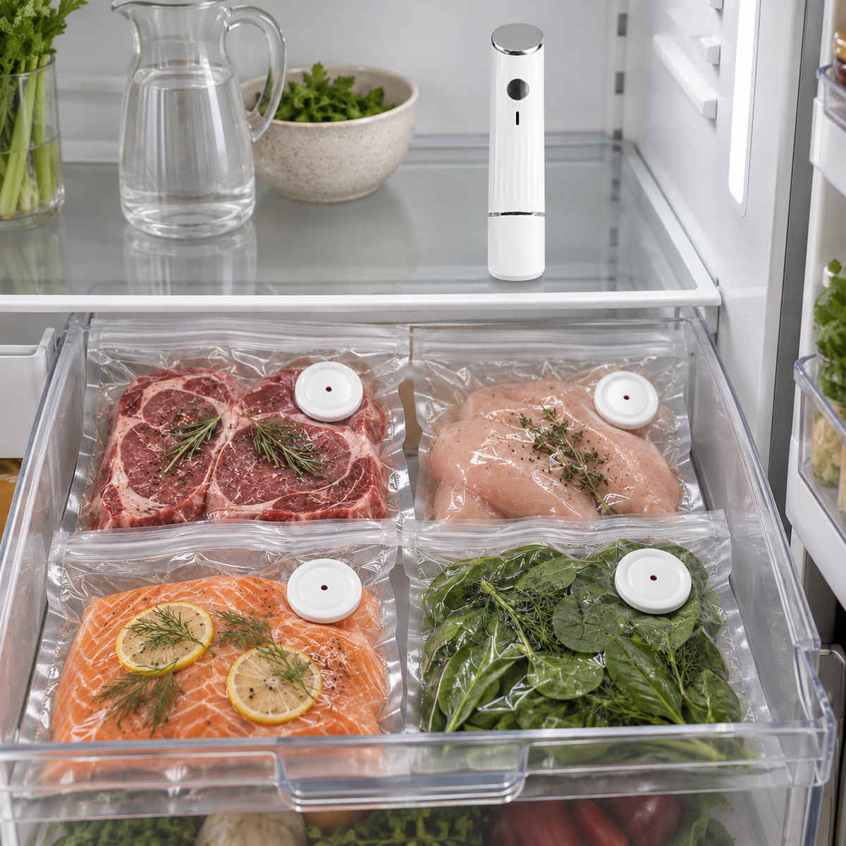 Vacuum sealed steaks, chicken breasts, salmon and spinach in a fridge drawer, the sealer on the shelf above