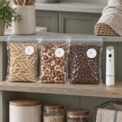 Pantry shelf with sealed bags of pasta, nuts and coffee beans and the sealer standing at the end