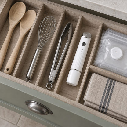 The sealer lying in a kitchen drawer beside wooden spoons, a whisk, tongs and a valve bag