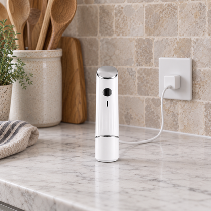 The sealer charging on a marble counter from a USB plug in a plain wall socket