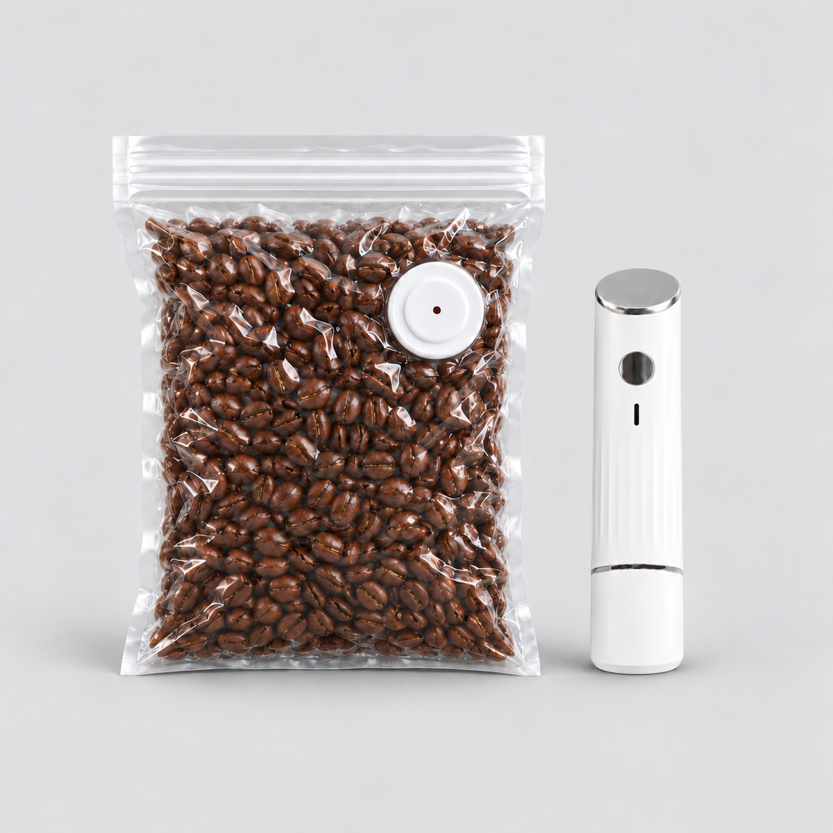 The sealer standing beside a vacuum sealed bag of coffee beans on a light grey background
