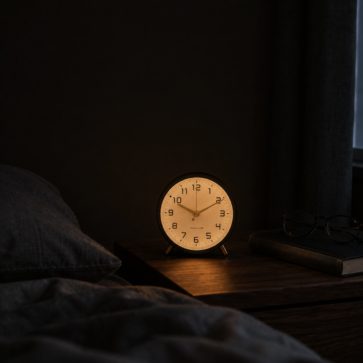 Black analog alarm clock in a dark bedroom with its warm amber night light softly lighting the dial