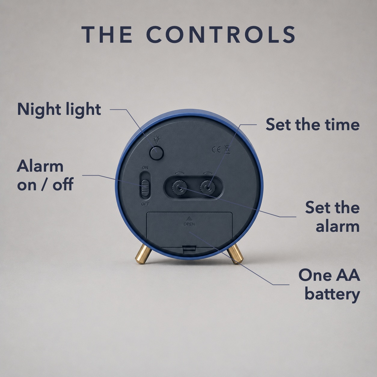 Labelled diagram of the back of the clock showing the night light button, alarm on and off slider, time and alarm setting wheels and the AA battery hatch